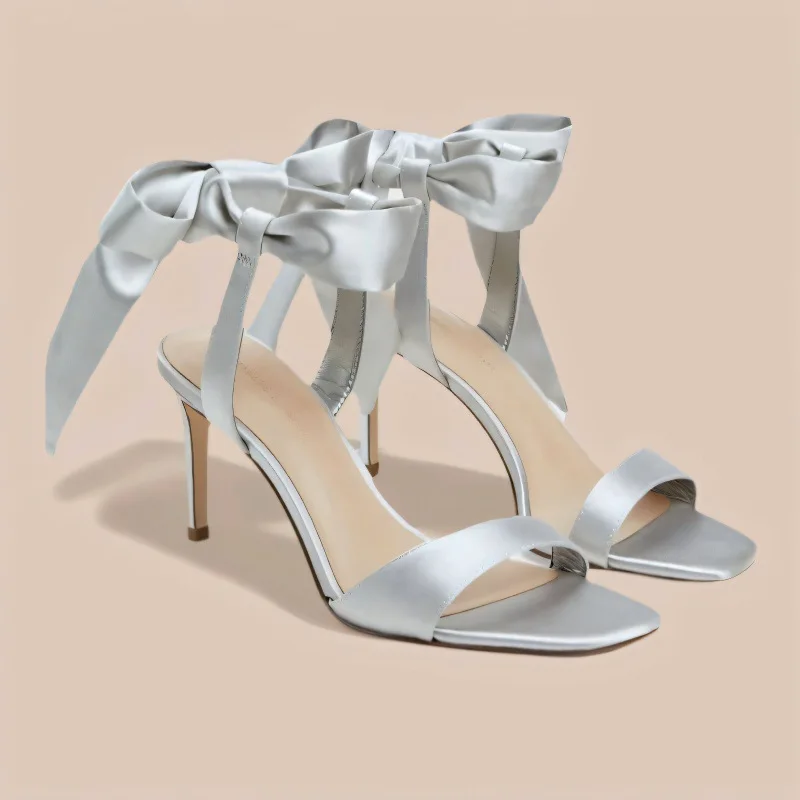 2026 Women's Silver Satin Fabric Large Bow Tie Ankle Strap Open Toe Square Toe Stiletto High Heel Party Sandals Q-676 view 2