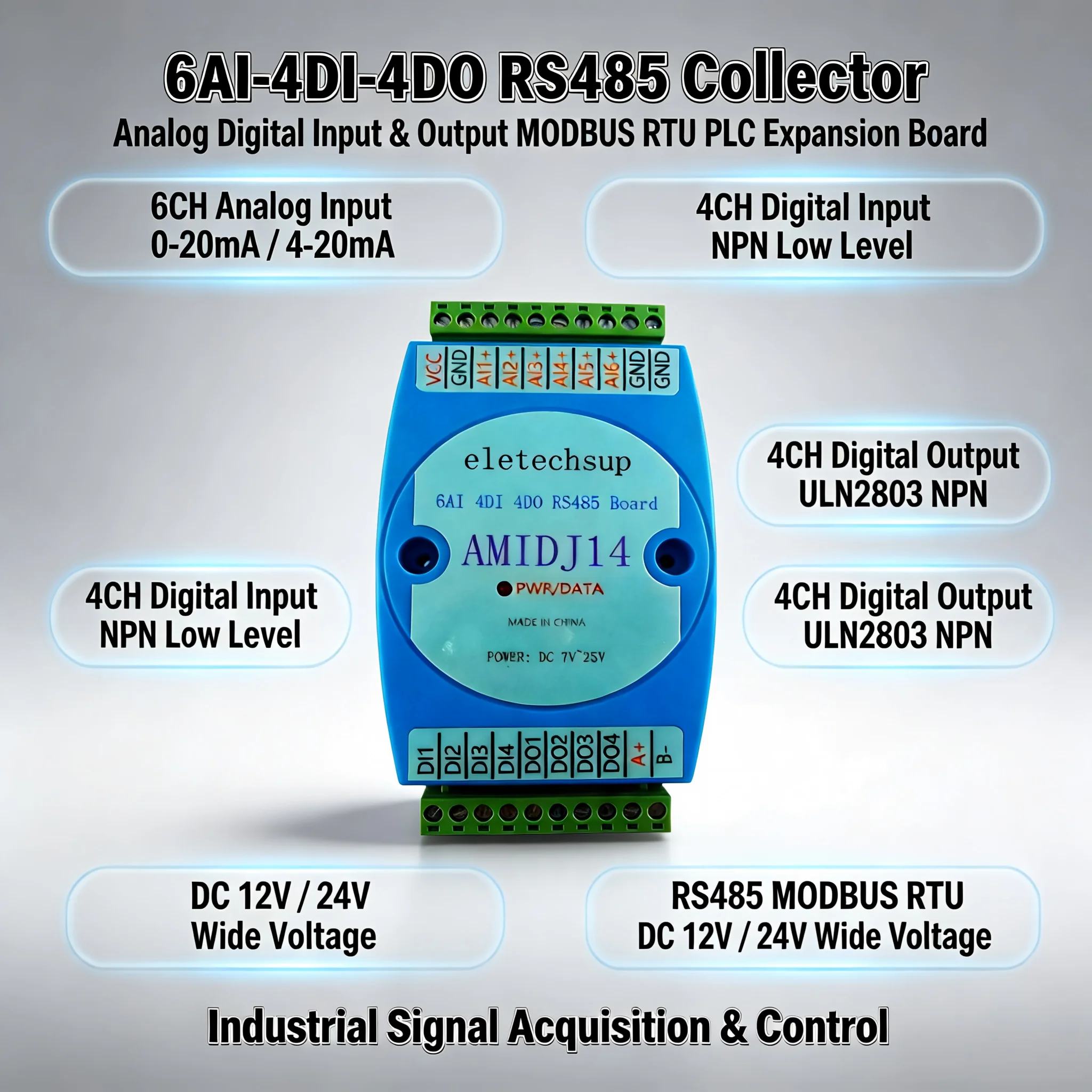 AMIDJ14 6AI 4DI 4DO Modbus RTU RS485 IO Module 12V 24V DC for PLC Expansion Data Acquisition