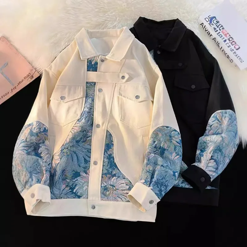 

Spring Autumn Long Sleeves Tops Embroidered Jacket Male Loose Spliced Coat Single Breasted Lapels Fashion Couple Baseball Jersey