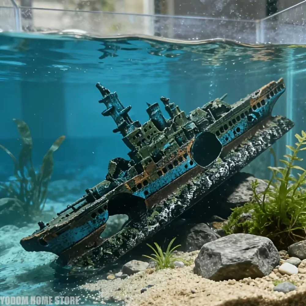 Solid Shipwreck Ornament for Fish Tank, Textured Rock Landscape Design, Aquarium Decor & Hiding Habitat for Aquatic Pets