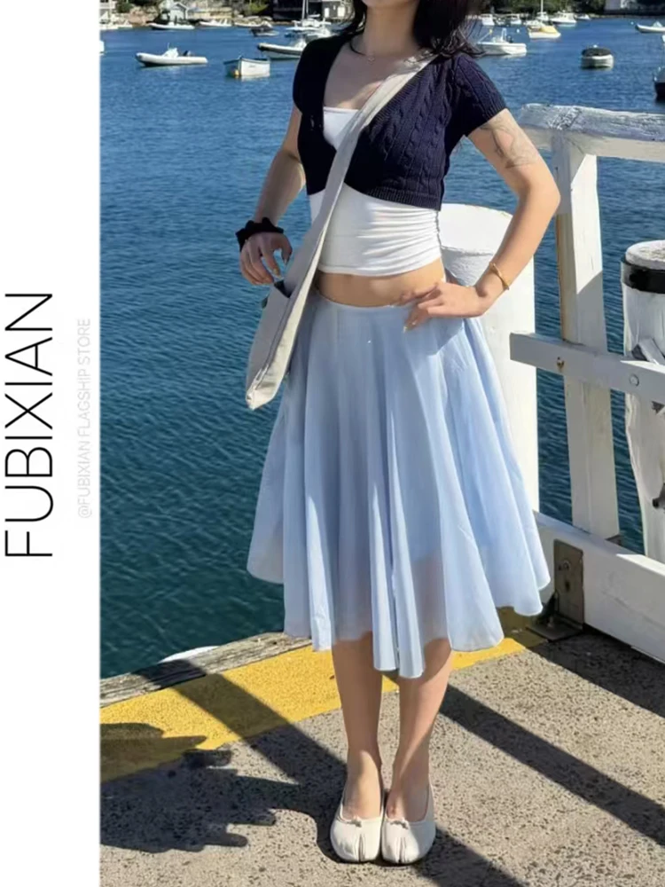 Gentle Wind Irregular Hem A-Line  Skirt Low Waist Midi Blue Summer New Style Women's Skirt Fluffy Fairy Tale