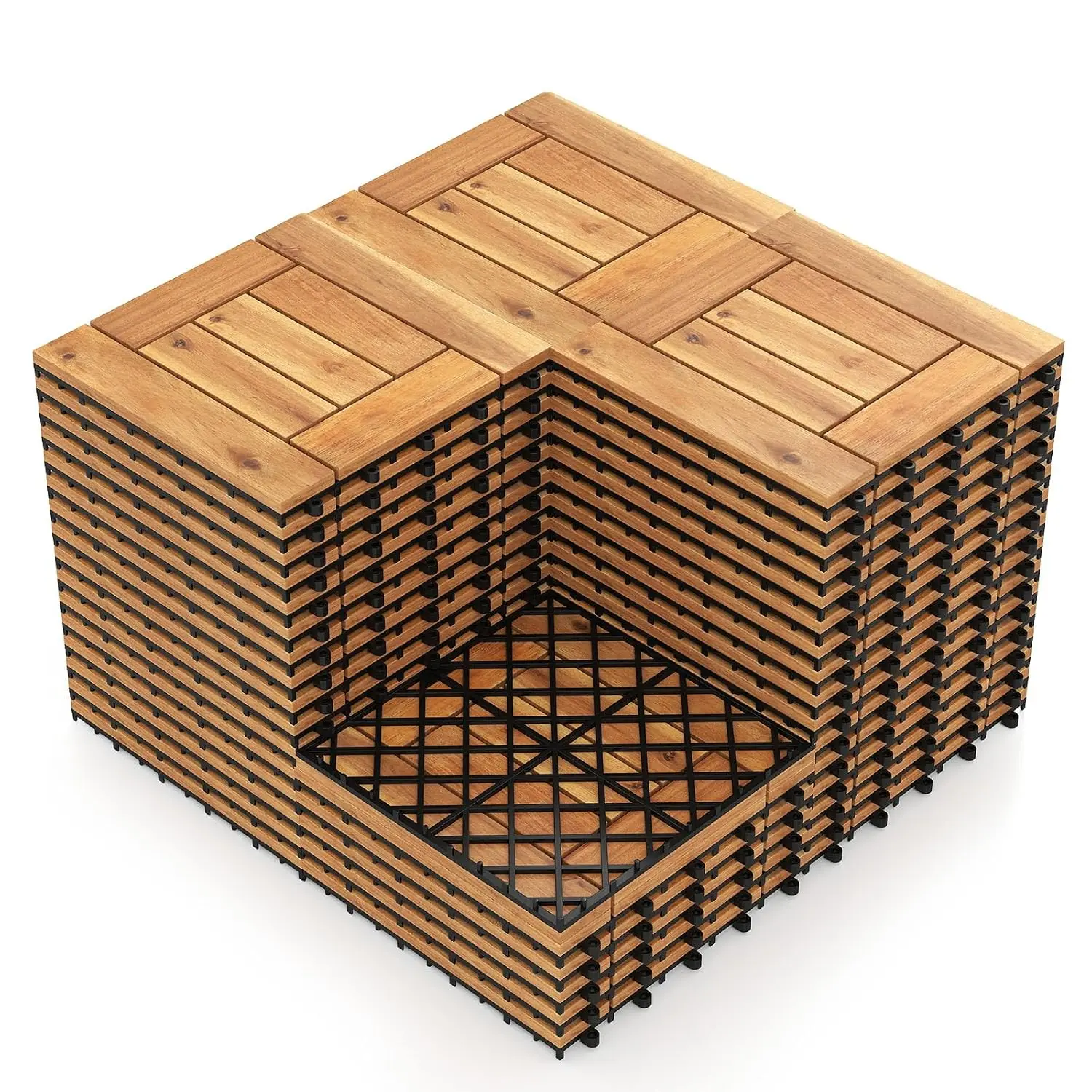Acacia Wood Interlocking Deck Tiles 54-Pack Outdoor Patio Flooring, Customized