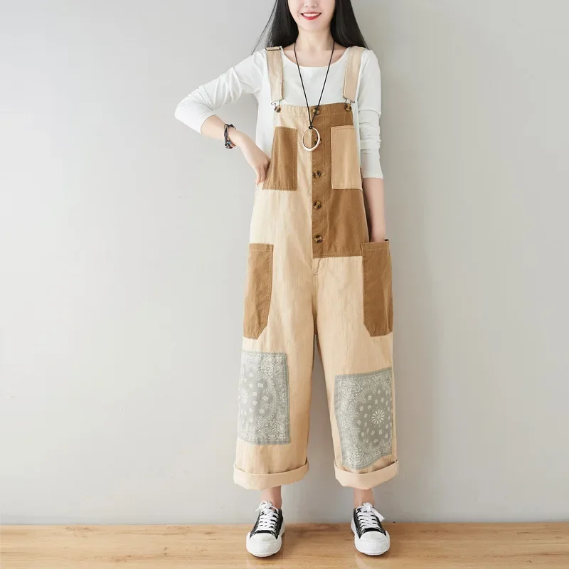 Patchwork Cargo Jean Jumpsuit Suspenders Cowboy Wide Leg Long Pants Baggy Outdoors Denim Rompers Japanese Hiphop Pocket Overalls