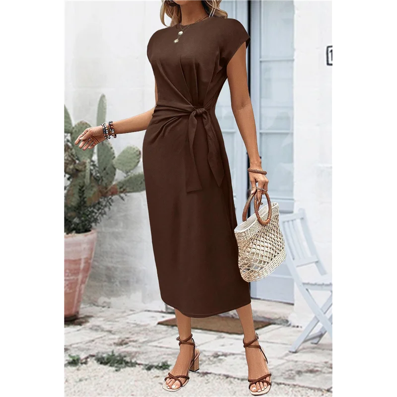 A83F-فستان نسائي صيفي برقبة دائرية كاجوال أنيق وربطة خصر وأكمام قصيرة