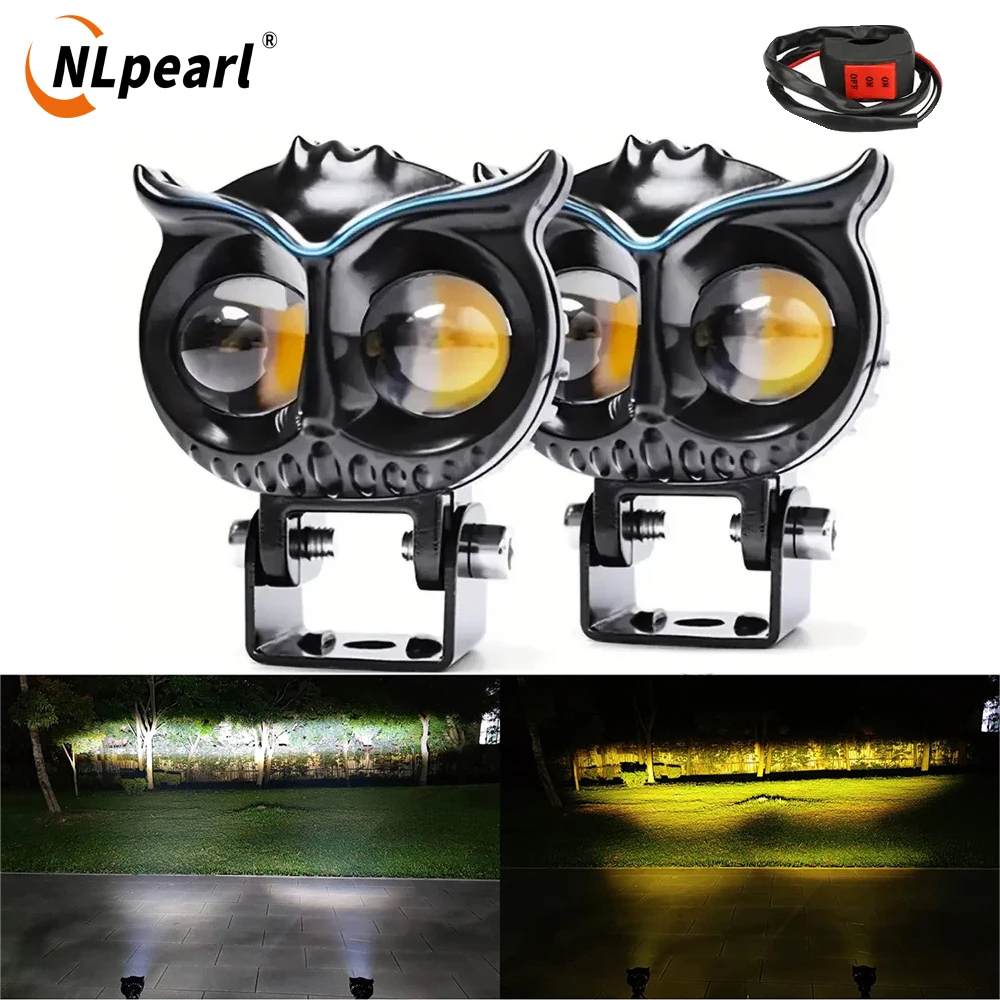 NLpearl 2PCS Motorcycle LED Auxiliary Headlights Fog Light Car Dual Color Dual Color ATV Scooter Driving For Racer Spotlight 12V