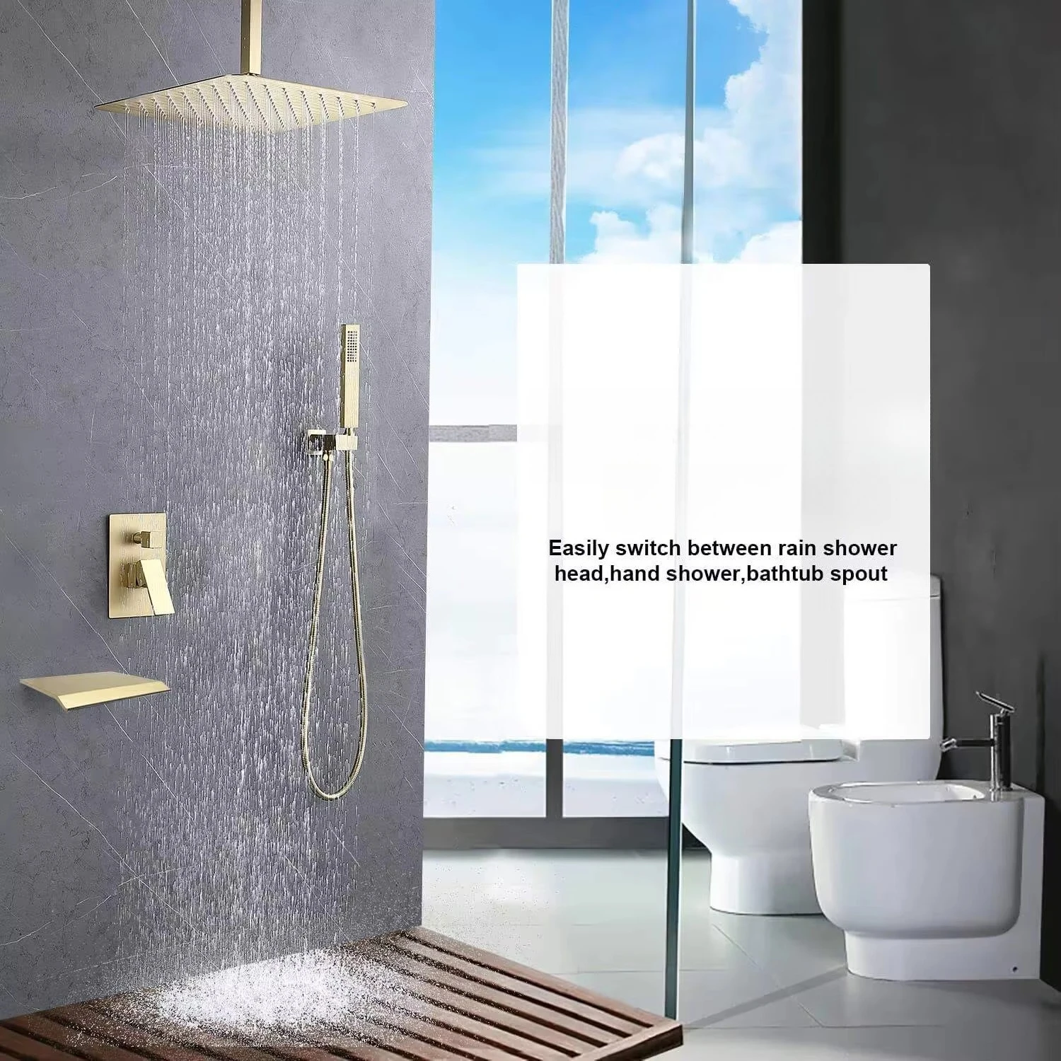 16-Inch Square Brushed Gold Shower Faucet Set Rain Handheld Wall Mounted Mixer Massage for Apartment Hotel Use Complete Bathroom
