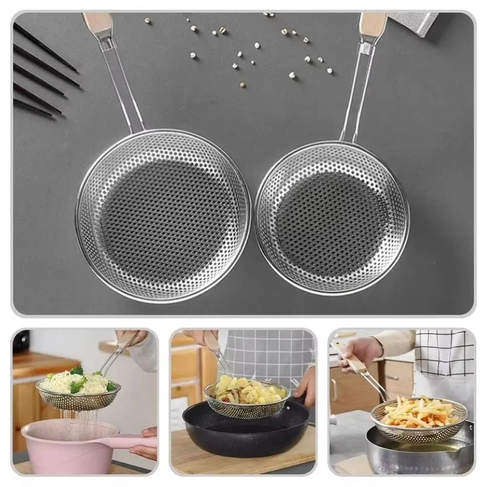 

Wooden Handle Stainless Steel Strainer Rust-Proof Durable Dumpling Strainer Stainless Steel Mesh Long Handle Oil Frying Sieve