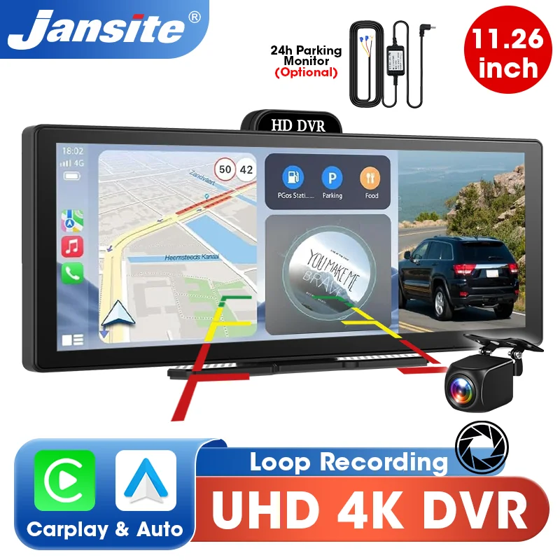

Jansite 4K Dash Cam DVR 10,26/11,26 дюймов Беспроводной CarPlay и Android Авто GPS-навигация Мультимедийный плеер Экран дисплея FM AUX