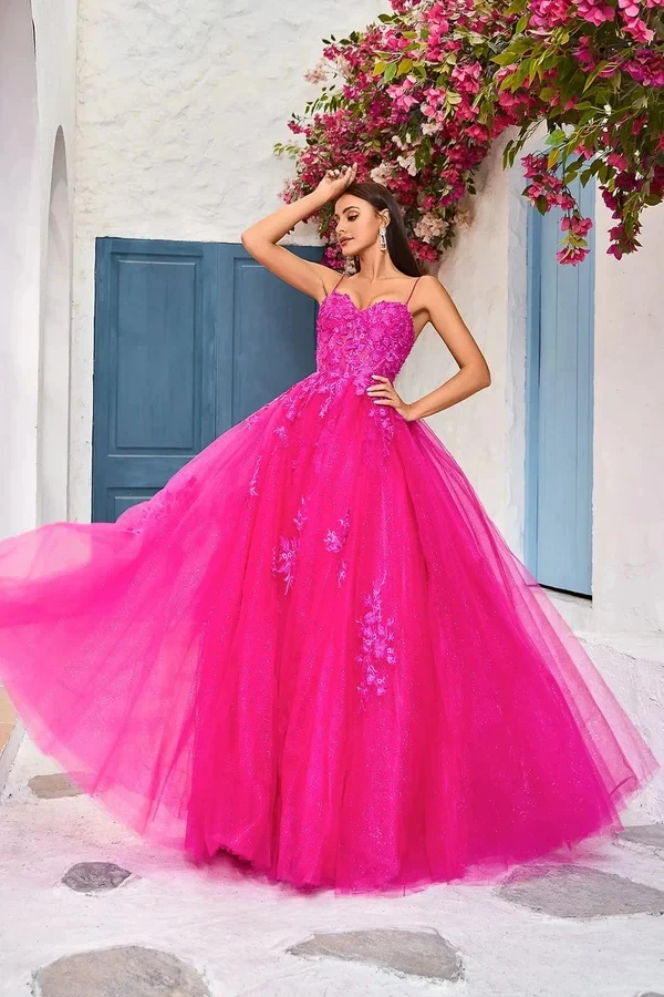 

Prom Dresses Lace Appliques Florals Spaghett Strap Glittery Tulle Long Floor Length Corset back Evening Gown Women Custom made