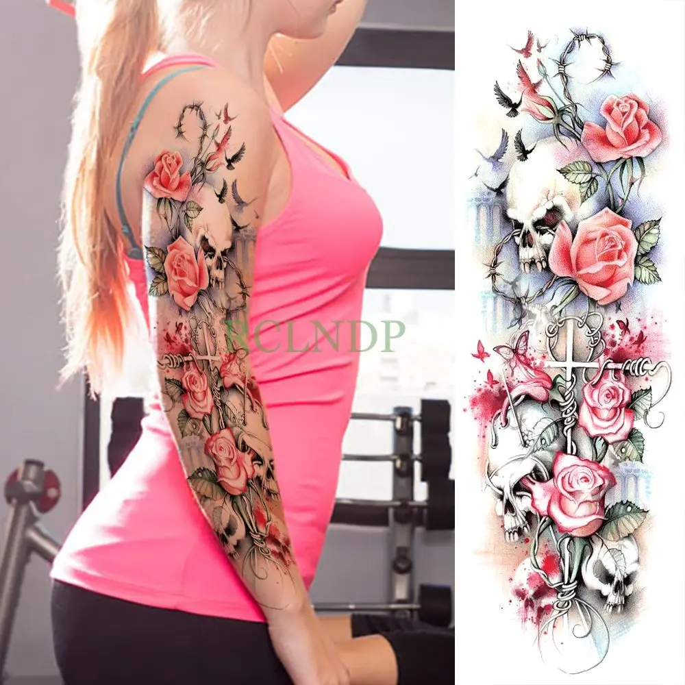 Etiqueta de tatuagem temporária impermeável, Rose Plum Blossom, tatuagens falsas de braço completo, tatuagem flash, manga, tamanho grande, homens,