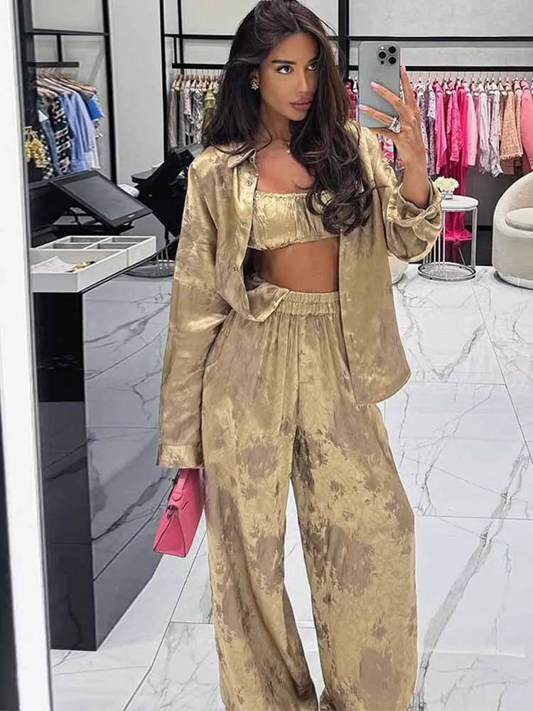 

BKQU Vintage Print 3 Piece Set Women Long Sleeve Button Shirt+Bra Vest+Wide Leg Pants 2025 Autumn Fashion Street Lady Outfits