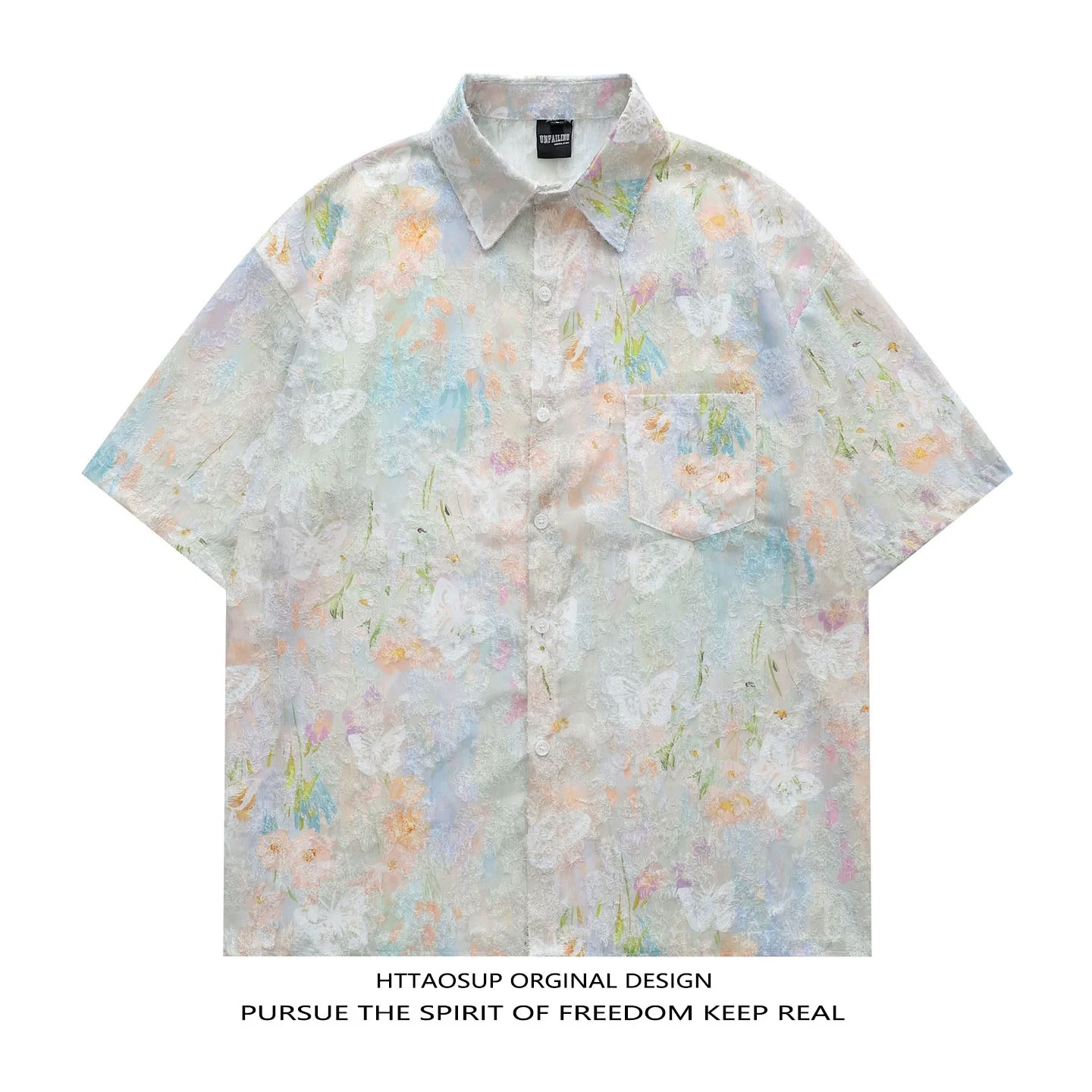 HTTAOSUP Summer Casual Floral Lace-Up Short Sleeve Shirt Loose Fit Men Women Turn-down Collar National Trend Brand Vacation S...
