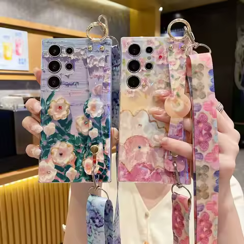 IMD Wristband Lanyard Case For Samsung galaxy S24 S23 S22 S21 Ultra Plus FE A15 A35 A25 A55 5G Flower Shockproof Case S24ultra