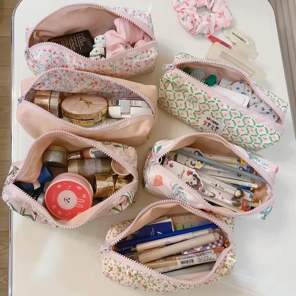 Small Floral Cotton Makeup Cosmetic Storage Bag Organizer Pouch For Brushes Student Pencil Case Women Handbags Toiletry Bags