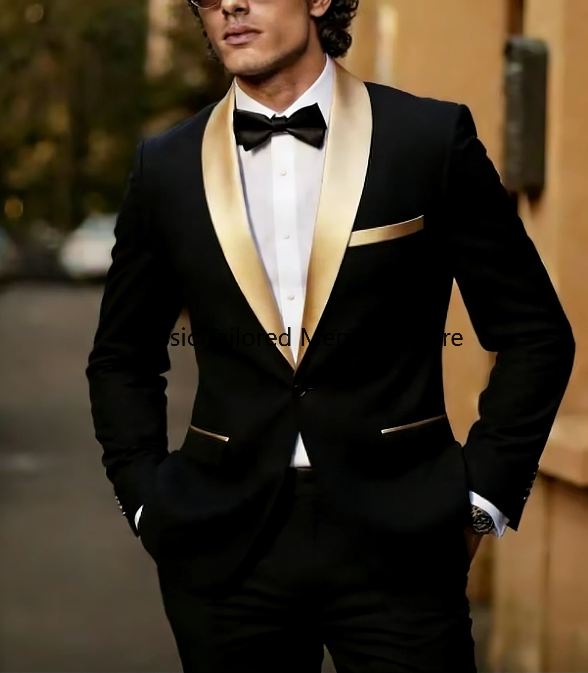 

New Gold Lapel Black Business Men Suit Wedding Party Prom Groom Groomsman Formal Occasions Tuxedos 2 Piece Set Blazer Pants