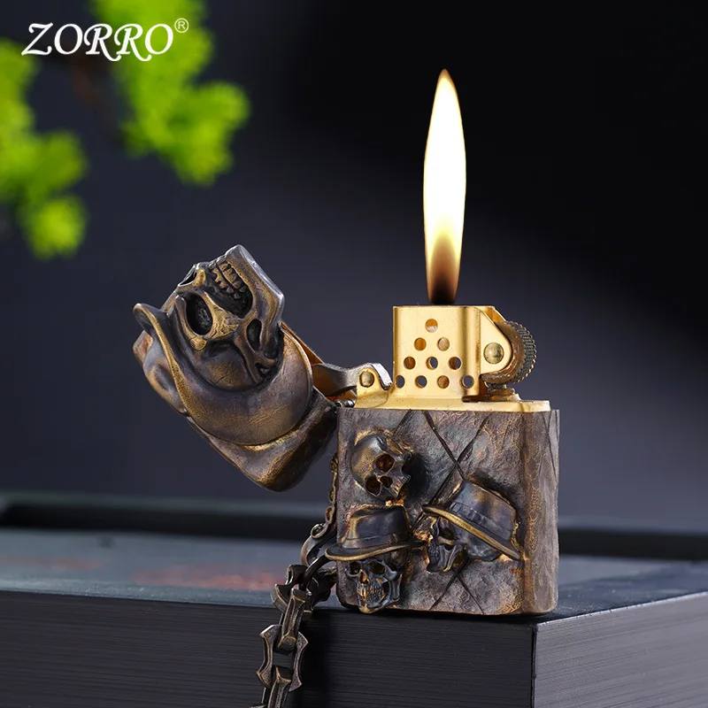 

ZORRO Flip Cap High Ding Skull Kerosine Lighter Relief Series Copper Shell Kerosine Lighter Manufacturer Wholesale