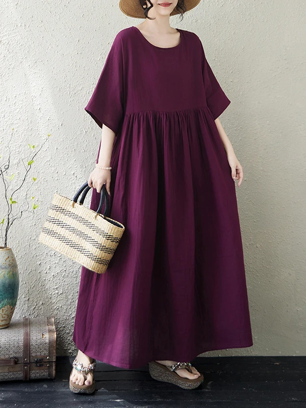 

Bohemian Style Loose Fit Cotton Linen Dress Pure Color Mommy Wear Summer New Arrival Short Sleeve Double Layered Gown
