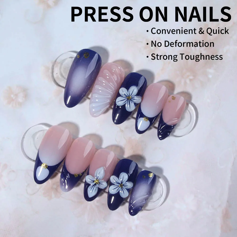 Élevez votre style avec, 24 pièces de longs ongles 3d en amande, fabrique des ongles en fleurs avec un design scintillant, pointe française, presse sur les amandes