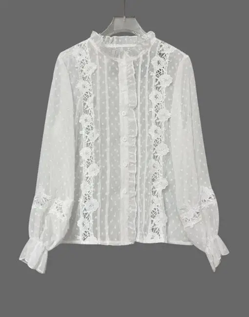 

Woman Blouse 2025 Spring Autumn New Solid Color Stand Up Collar Slightly Flared Sleeve Lace Patchwork Hollow Out Casual Shirt