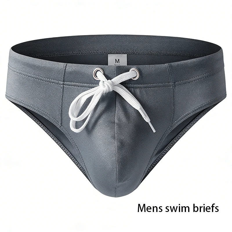 Men's Solid Color Swimming Briefs Tie Rope Low Waist Quick Dry Swimwear Anti-Embarrassment Double Layer Beach Shorts