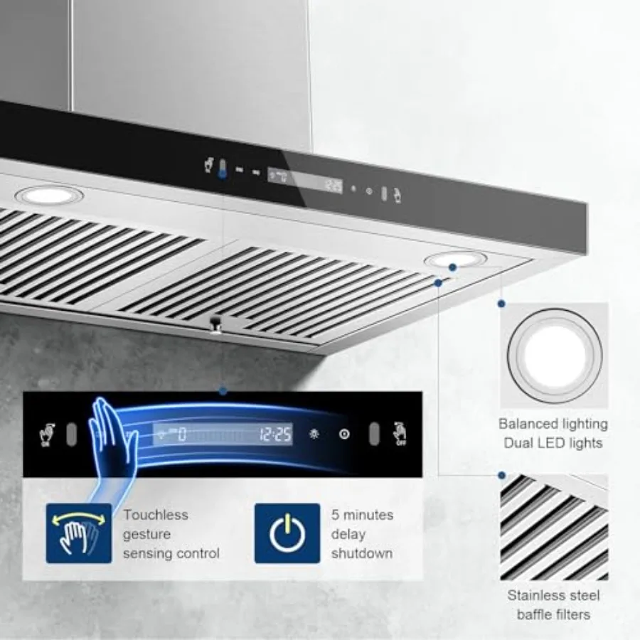 شفاط المطبخ المثبت على الحائط 30 بوصة 600 CFM T الشكل مع التحكم بالإيماءات باللمس لتهوية المطبخ بدون أنابيب قابلة للتحويل Ex #5