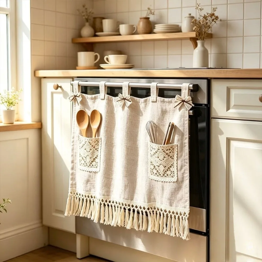 Window Toppers Vintage Oven Cover Curtain Rustic with Pocket Boho Curtain Panel with Tassels Detachable Cabinet Curtain Window