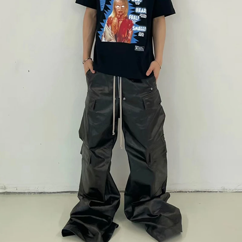 2023ss R0 Leather Pants Dark Multi Pocket Work Casual Drawstring Flared Wide Leg Pants Casual Jeans