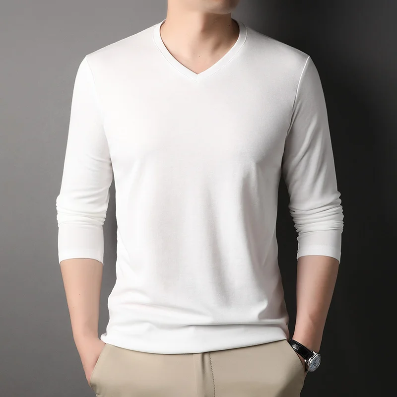 

New Wool Long Sleeve Men's T-shirts High Quality Solid Color V Collar Simple Casual Male T-shirts Slim Fit Man Tees 3XL