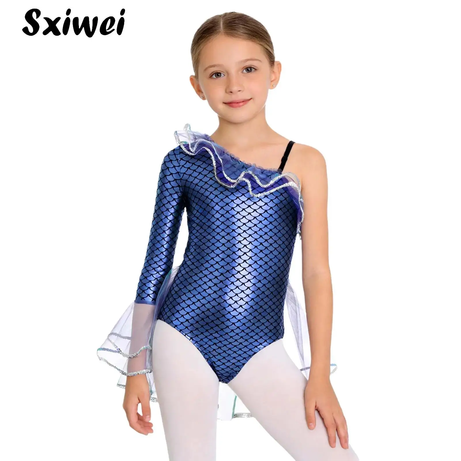 

Girls Halloween Mermaid Cosplay Costume One Shoulder Sleeve Metallic Fish Scale Print Mesh Tutu Leotard Bodysuit Ballet Jumpsuit