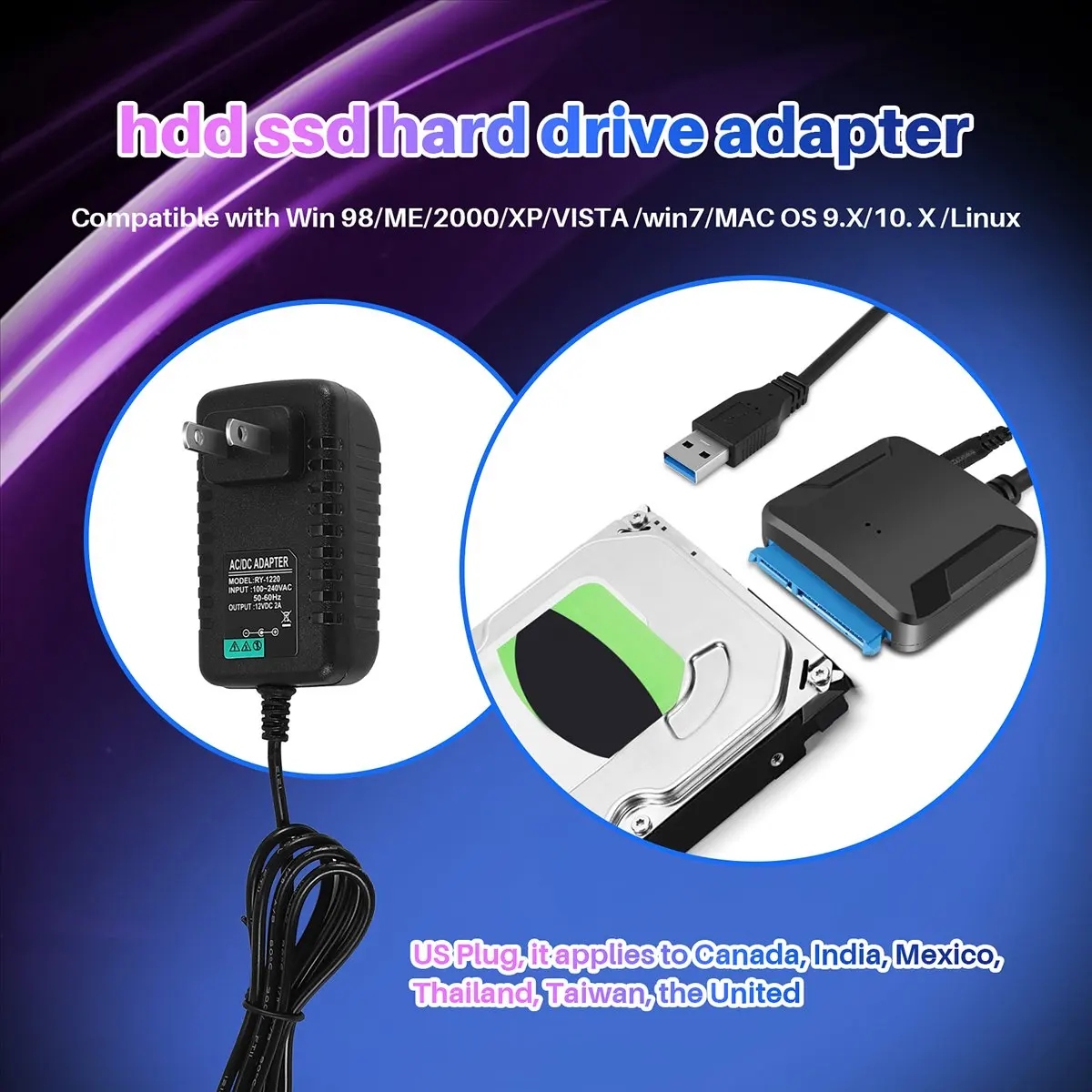 RISE- USB to Sata Data Cable, 2.5/3.5 Inch USB3.0 Easy Drive Cable Sata Hard Disk Adapter Cable(US Plug)