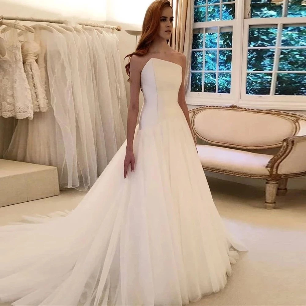 Customized Women Wedding Dresses Sleeveless Strapless Bridal Party Bride Gowns Vestido De Noiva Formal Robe de mariee Cheap