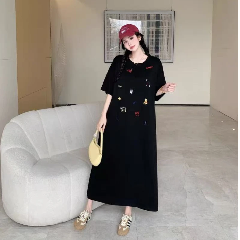 Jupe T-shirt ample mi-longue avec fentes, style coréen, décontracté, en Polyester, ort Sve, Tube droit, été Dr