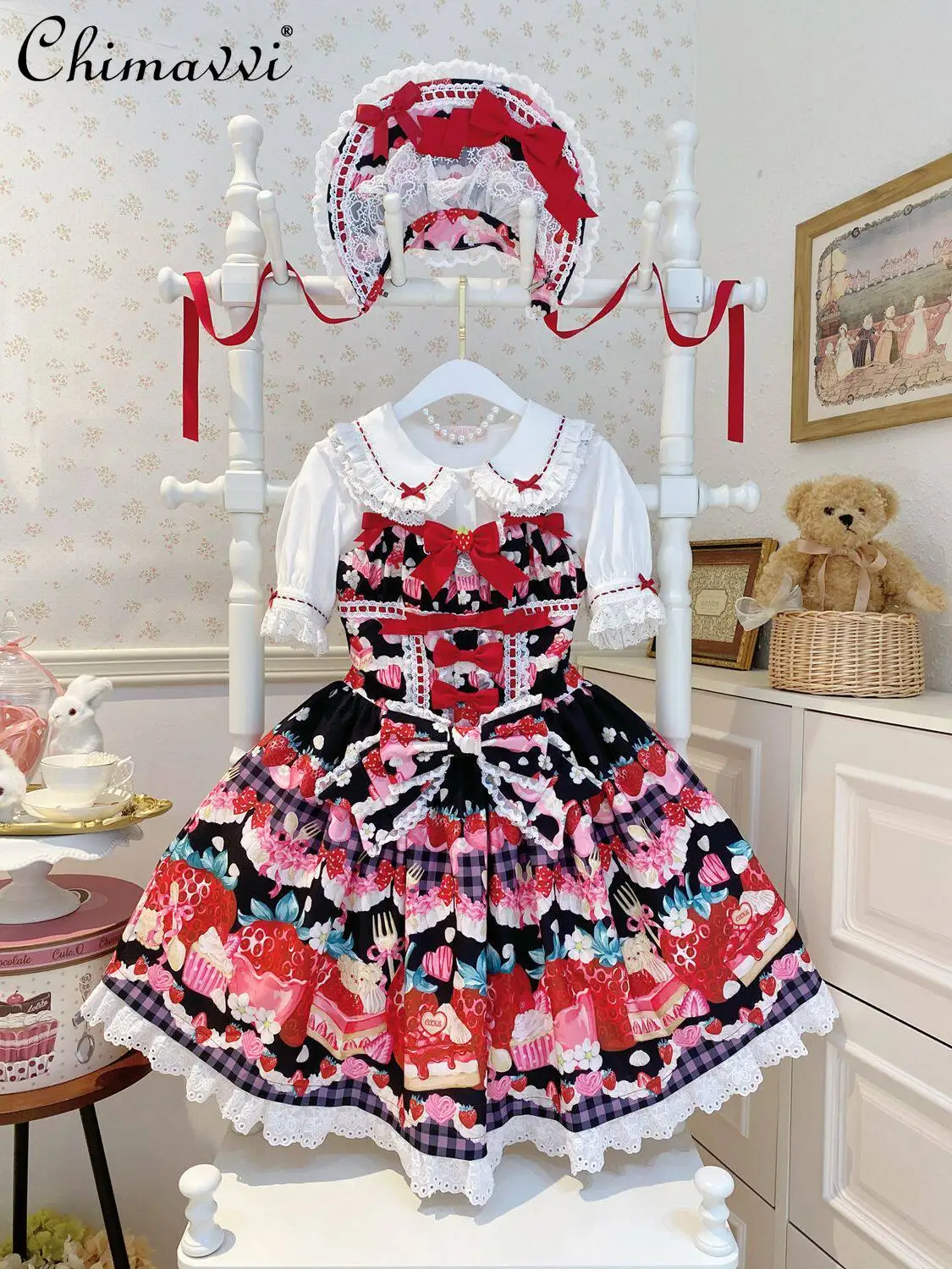 

Original Design Cute Strawberry Print JSK Suspender Dress New Spring and Summer Sweet Girls High-waist Princess Dresses