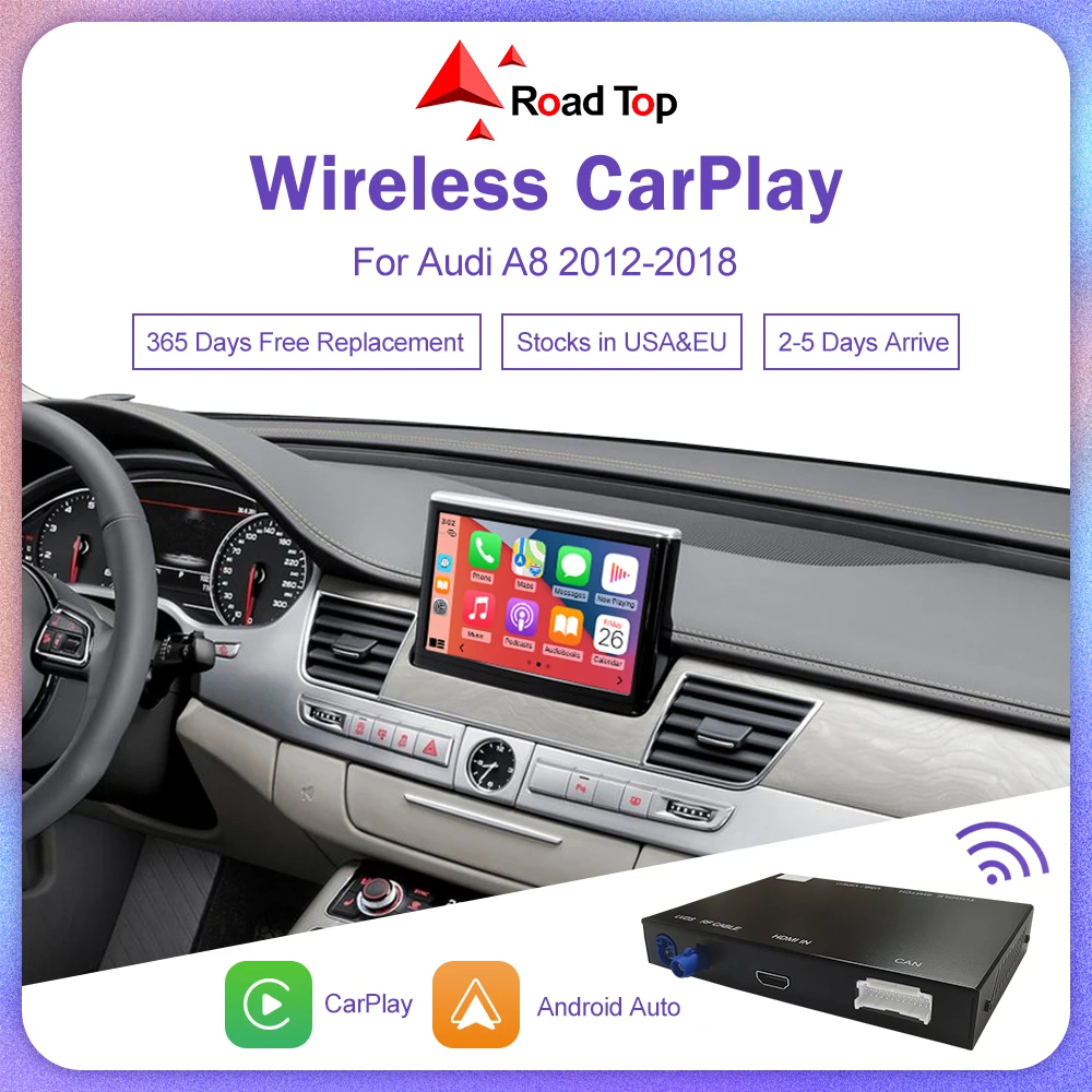 Road Top Wireless CarPlay for Audi A8 2012-2018, Support Android Auto, Mirrorlink Airplay Reverse Camera GPS USB Player Car Play