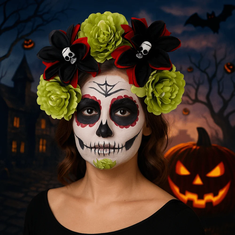 Bandeau tête de crâne exagéré, décor d'halloween, Simulation de fleur, cerceau pour cheveux d'halloween, bandeau gothique coloré drôle