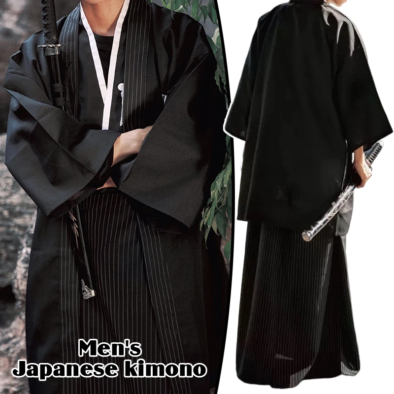 

Japanese Traditional Samurai Kimono Men Yukata Bathing Robe Cardigan Sauna Long Gown Haori Samurai Cosplay Performance Costumes