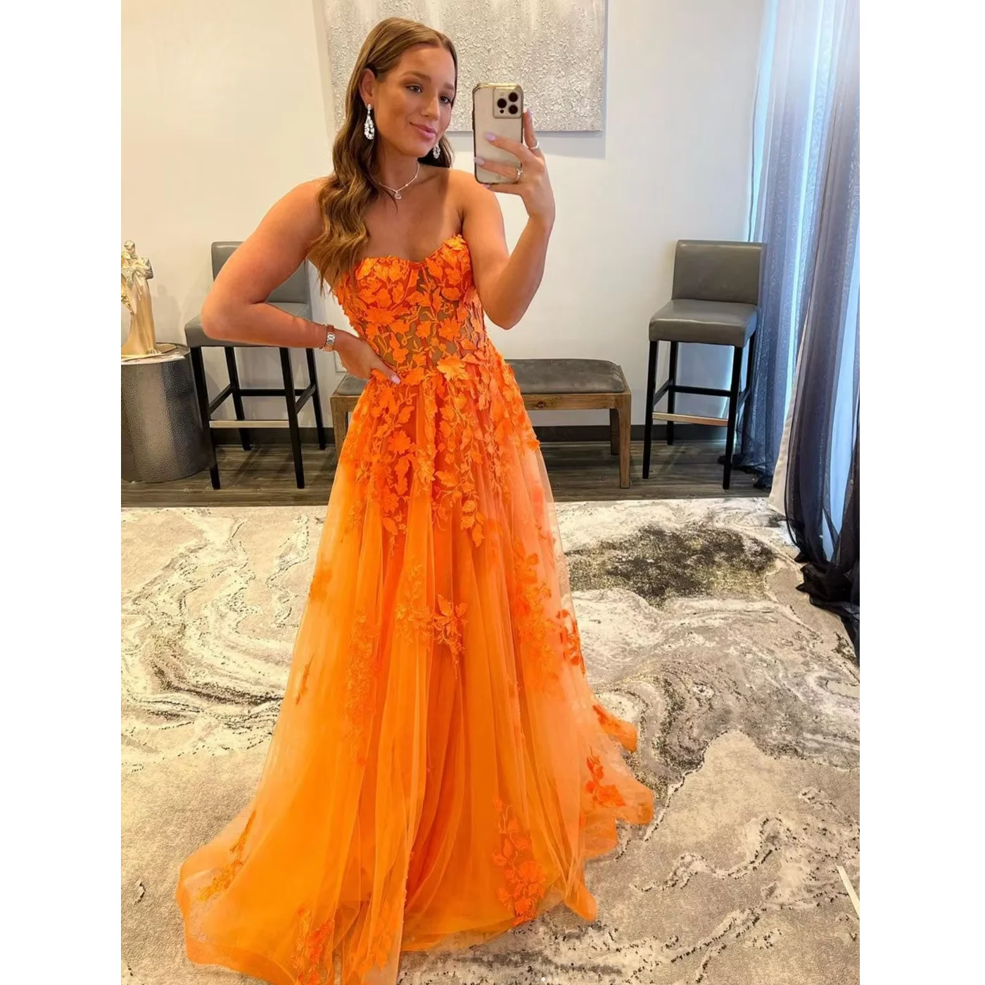 Orange Luxury Lace Appliques Prom Dresses Illusion Sweetheart Strapless Tulle A Line Sweep Train Evening Gowns Birthday  Party