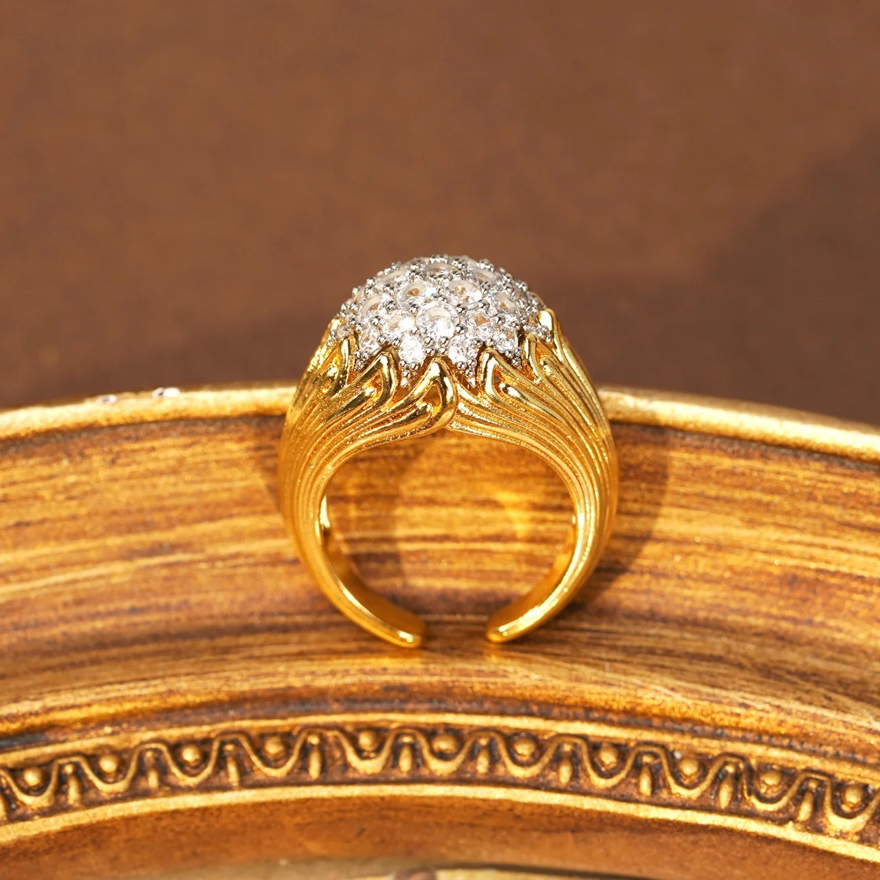 Vintage 14K Gold Filled Old-World Dome Statement Ring With Pave Zircon Rigato Open Fluted Carved Band Elegant Bold Women Jewelry