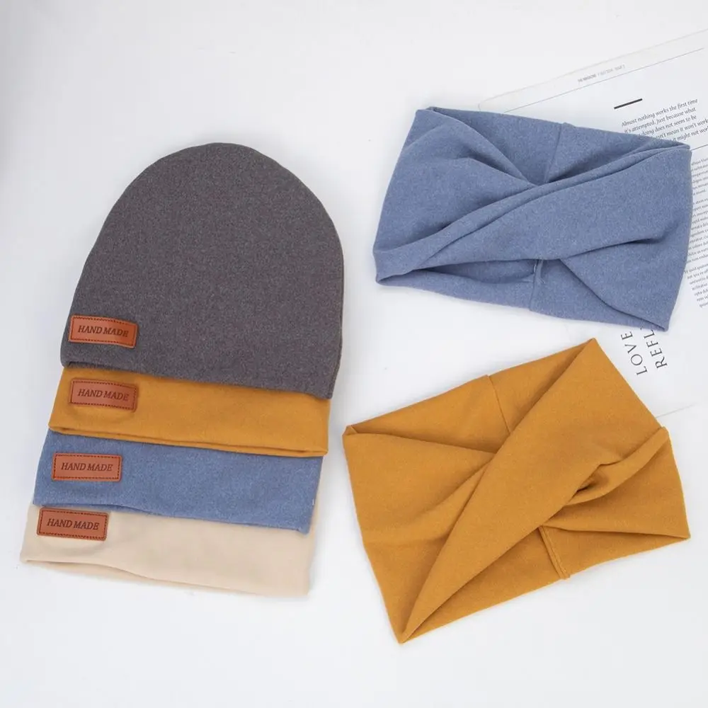 2Pcs/Lot Outdoor Faux Cashmere Turban Hat Scarf Set Double Layers Soft Bonnets Warm Leather Stick Newborn Caps Newborn Use