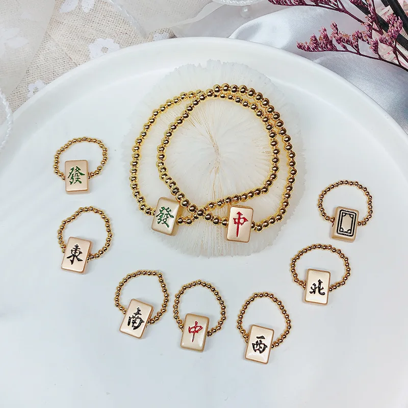 Fashion Chinese Mahjong Jewelry for Women Gold Color Stainless Steel Earrings Bracelet Ring Gifts Make A Fortune Lucky Player