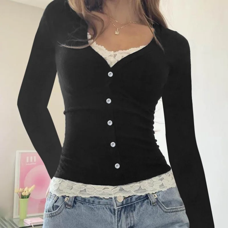 

Sweet Fake 2 Piece Slim Deep V-Neck Long Sleeve Tees Patchwork Lace Trim T Shirt Women 2024 Autumn Spring Fashion Lady