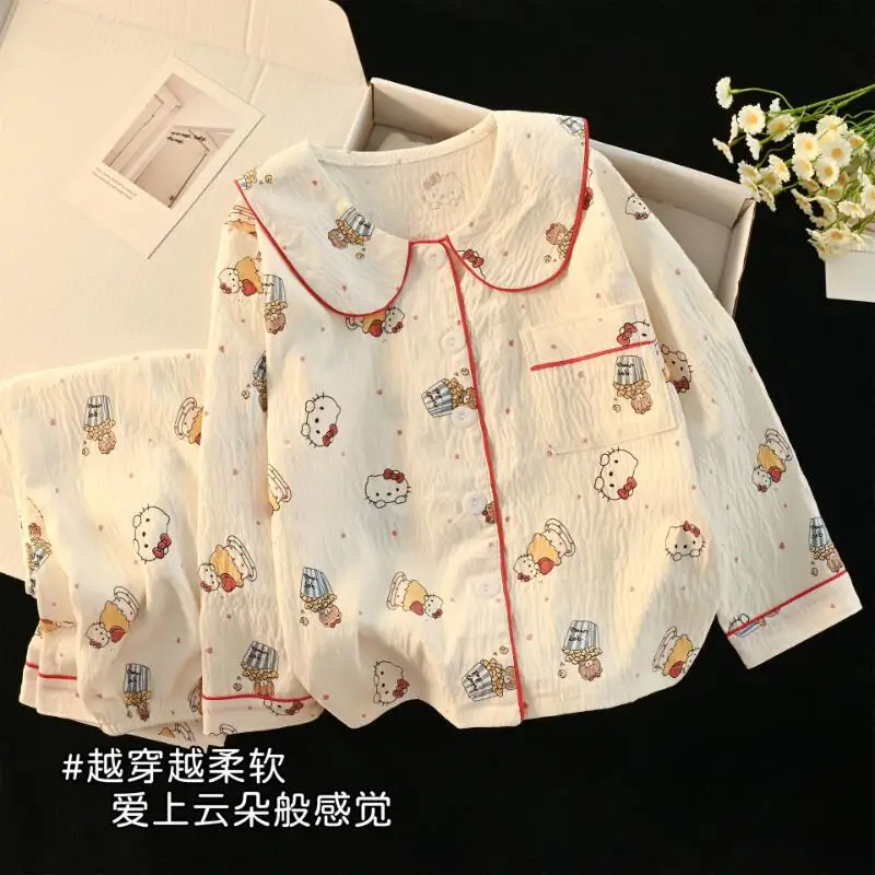 

Girls Spring Autumn New Doll Collar Long Sleeve Long Pants Pajama Set Women's Cardigan Pants Home Clothing Women's Two-Piece Set