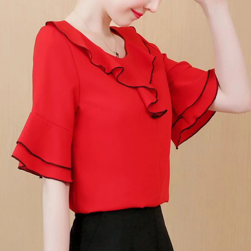 Ruffle Sweet Chic Short Sleeve Slim Chiffon Shirts New Summer Korean Fashion Round Neck Solid Top Blouse Women Blusas Para Mujer