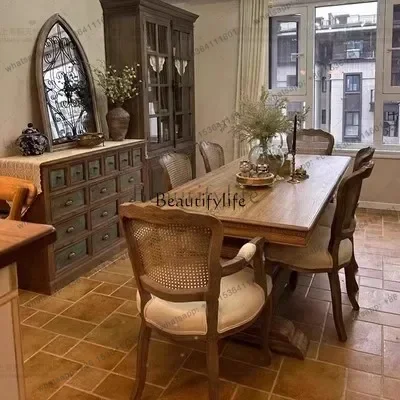

ls42American rural solid wood dining table and chair combination French retro rectangular household dining table braided rattan