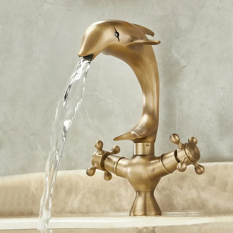 

Antique Bathroom Brass Dolphine Basin Faucet Cold And Hot Water Mixer Sink Single Handle Deck Mounted Tap