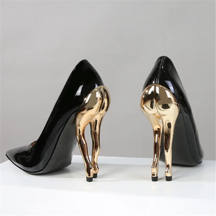 

2024 New Sexy Gold Hip High Heels Designer Women Pumps Pointed Toe Strange Dress Shoes Black Patent Leather Ladies Stiletto