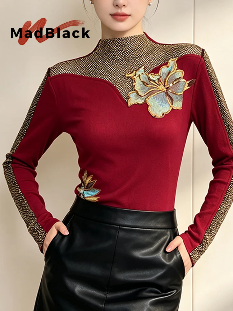 MadBlack-Women European T-Shirt, Sexy Mock Neck Diamond Embroidery, Vintage Long Sleeve Slim M-3XL Tee, 2026 Autumn New T6O814CC