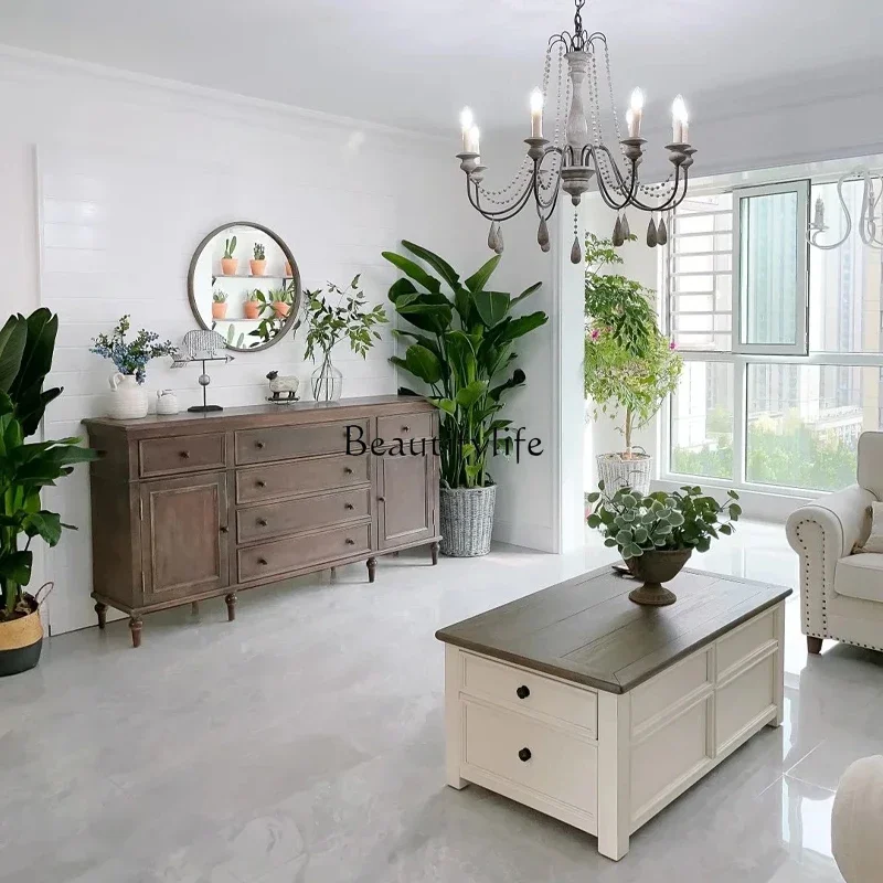 ld14American rural solid wood retro old dining side cabinet French double cabinet door storage storage cabinet small apartment