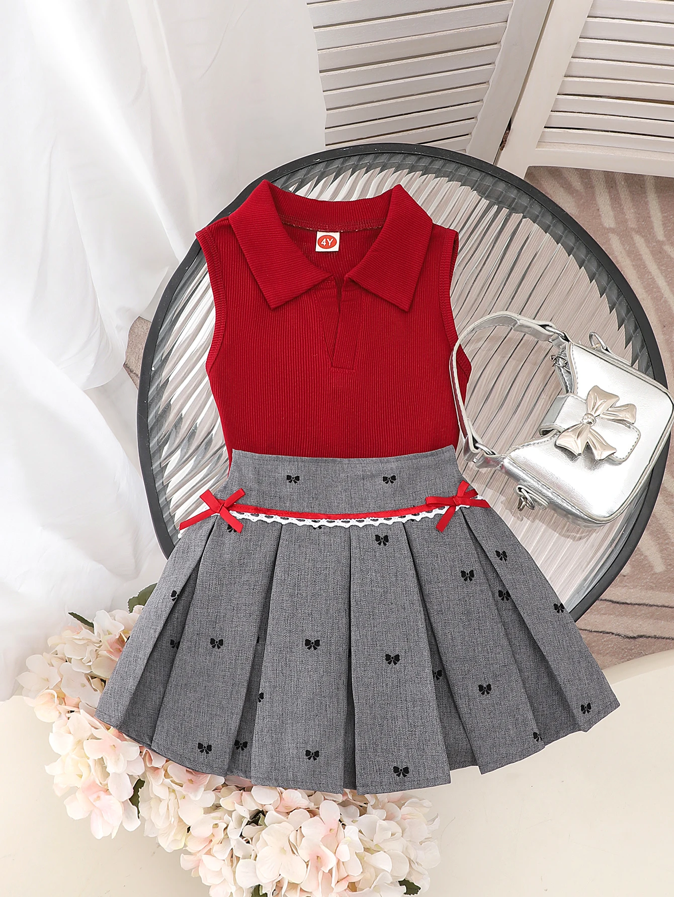 Summer cross-border new girl sweet and comfortable 2-7 years old burgundy vest + pleated skirt