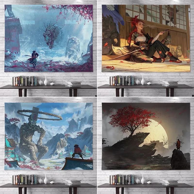 

Настенная подвеска «Самурайский воин» в японском стиле — гобелен в стиле бохо для гостиной или спальни, традиционный художественный декор из ткани